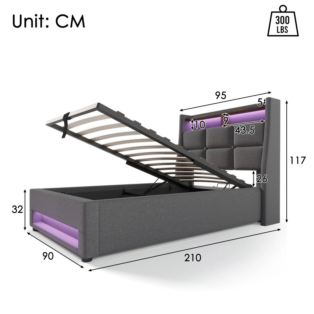 Letto Singolo Imbottito con LED e Rete a Doghe ¨C MINIMAL ¨C Tessuto Lino, 90x200