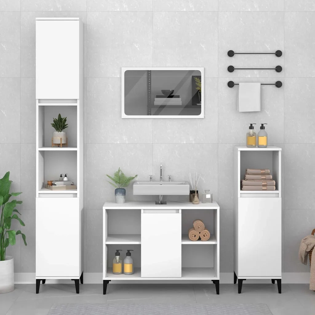 Set Mobili da Bagno | Armadio da bagno 3 pz Bianco in Legno Multistrato