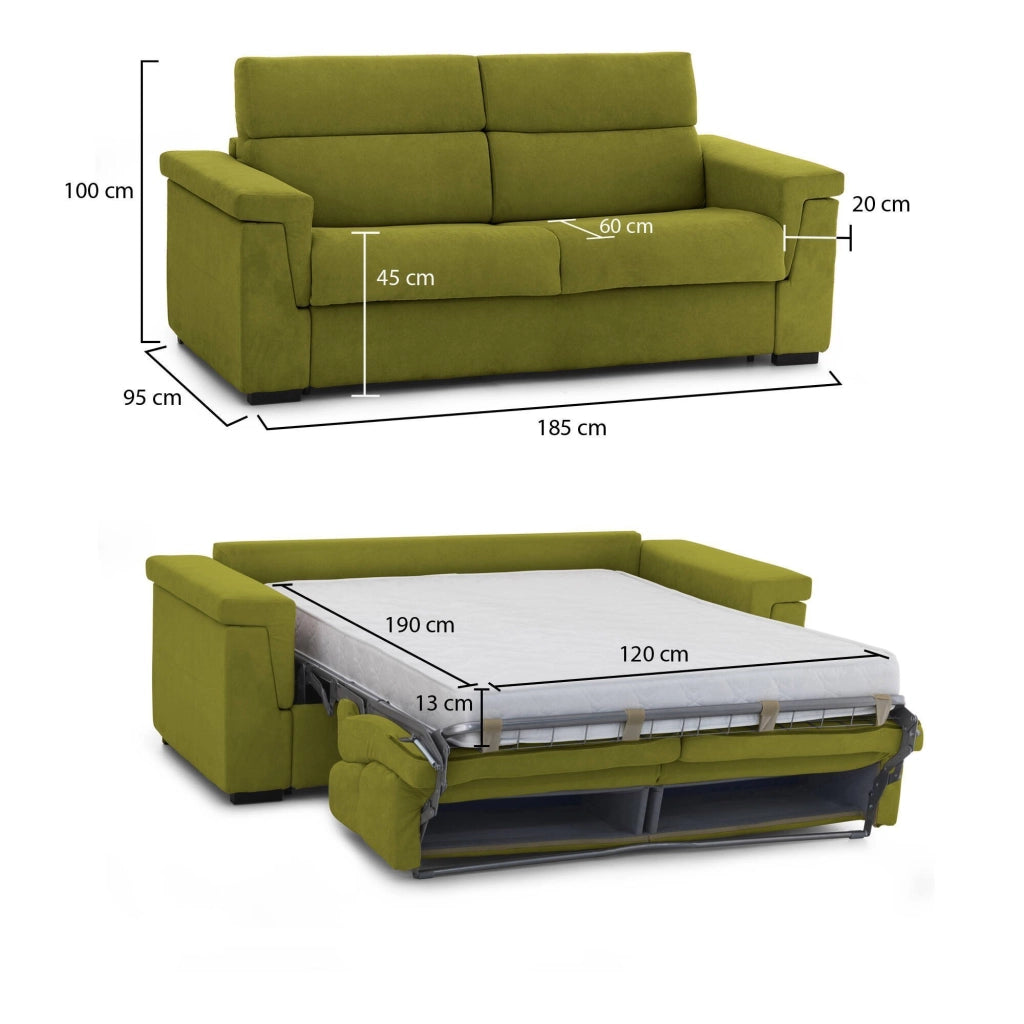 Tenna, Divano Letto 2 Posti Sfoderabile Made in Italy, 185x95 cm Verde