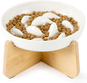 Ciotola Litter Ceramica con Stand in Bamboo - Edge Elevato Resistente ai Rifiuti per Gatti - Ciotola Lento Digestione per Cibo Secco/Umido Anti-Vomito