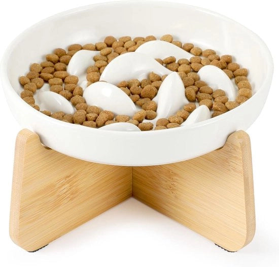 Ciotola Litter Ceramica con Stand in Bamboo - Edge Elevato Resistente ai Rifiuti per Gatti - Ciotola Lento Digestione per Cibo Secco/Umido Anti-Vomito