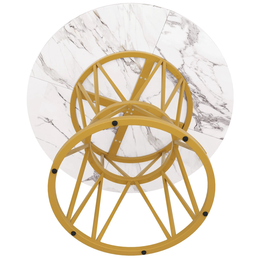 Tavolo da Pranzo Rotondo per 4 Persone ¨C Xylo ¨C Piano MDF Effetto Marmo, Gambe in Metallo Dorato, 100x100x76
