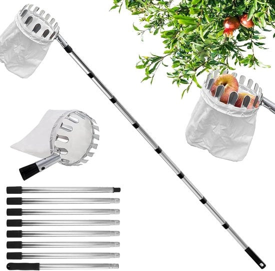 Fruitplukgereedschap con sacchetto, attrezzo per la raccolta di ciliegie 3,2 m, con manico leggero regolabile e sacchetto per la raccolta di frutta.