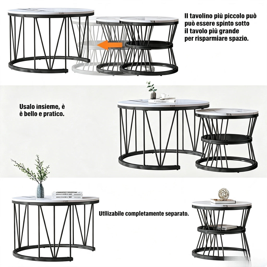 Tavolino da salotto rotondo 70x70x45 cm set 2 pezzi sovrapponibile  tavolino salotto moderno con struttura in metallo-nero