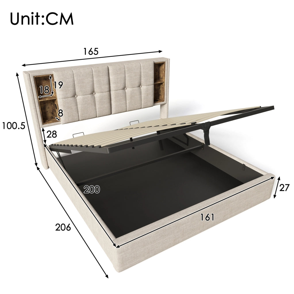 Letto imbottito 160x200 cm in lino naturale con ricarica wireless; USB e contenitore