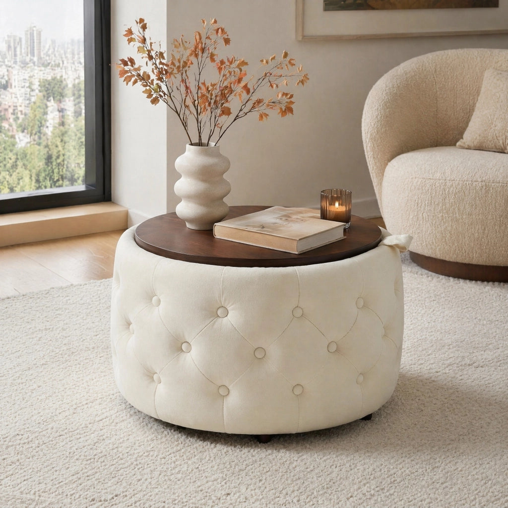 Pouf contenitore 2 pezzi con vassoio rimovibile in velluto Beige 59.6 × 59.6 × 38 cm