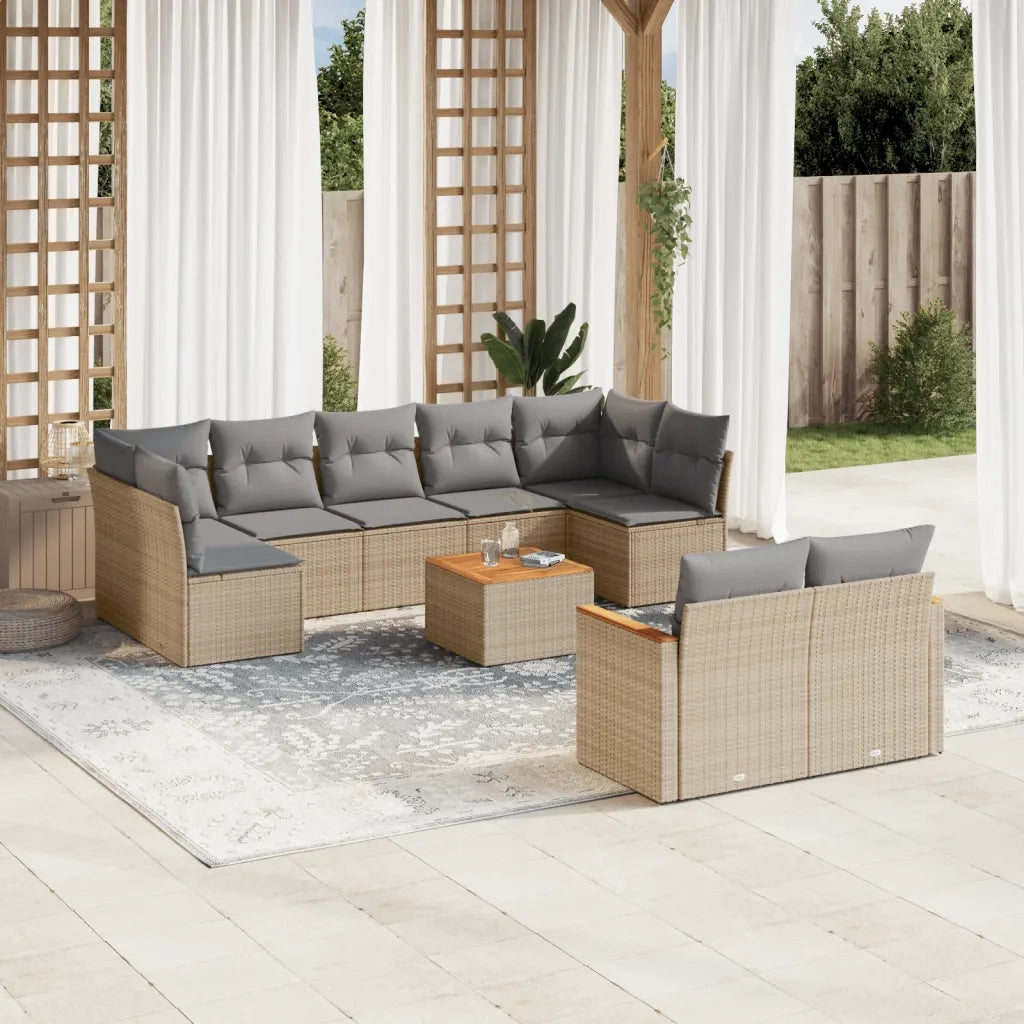 Set Divano da Giardino 10 pz con Cuscini Beige Misto Polyrattan