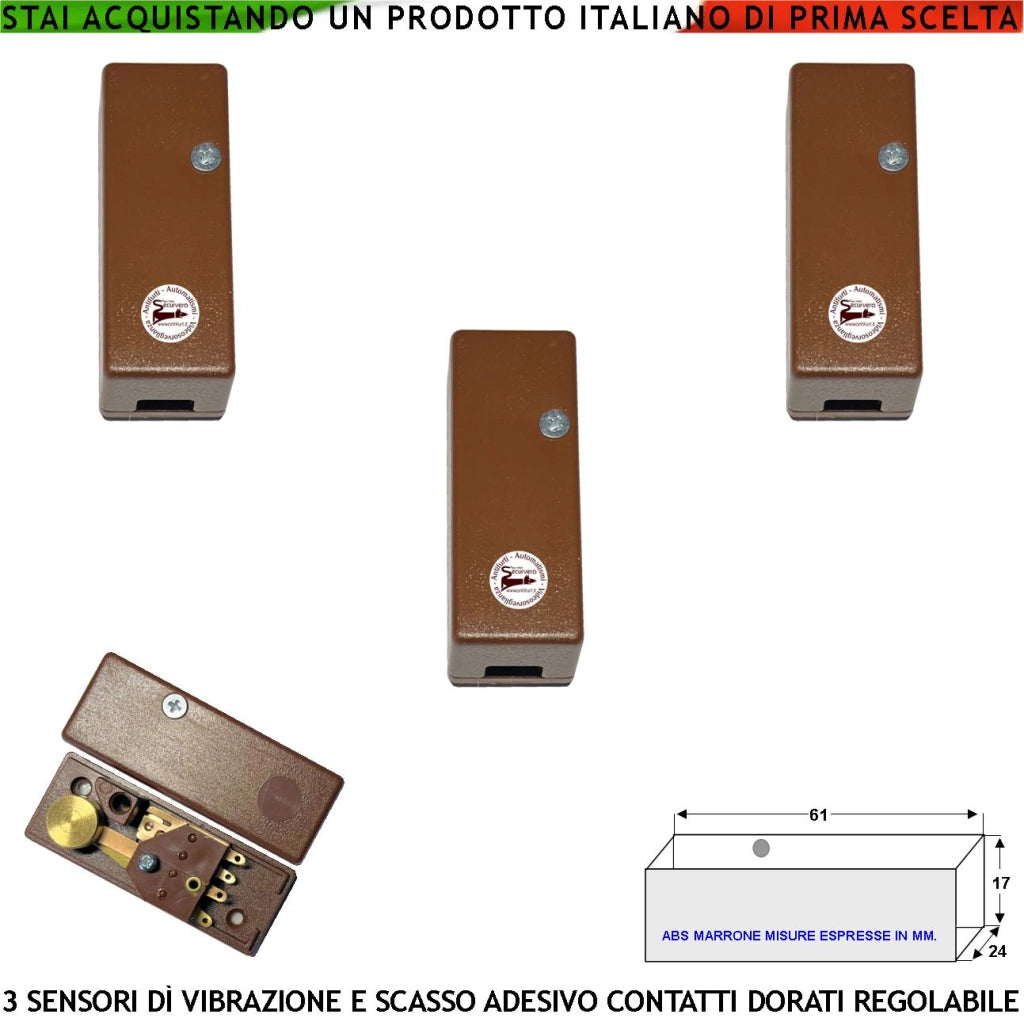 Rilevatore di Scasso Sensore di Vibrazioni Continue Tre Pezzi Per Antifurto Via Filo Di Inferriate Porte Infissi Martelletto Regolabile Contatto Allarme NC Tamper Contenitore Adesivo ABS Marrone IP30