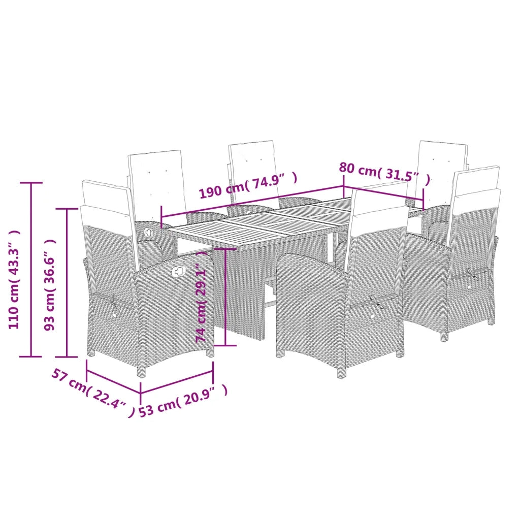 Set da Pranzo da Giardino 7 pz Nero con Cuscini in Polyrattan 3212272