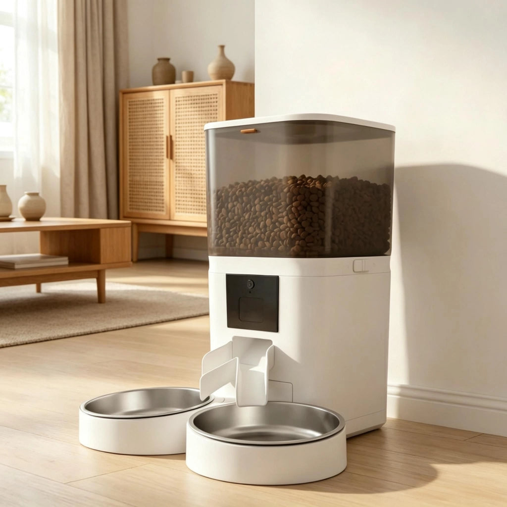 Distributore automatico di cibo per gatti da 6 litri con due ciotole in acciaio inox per 2 animali, distributore intelligente Wi-Fi controllabile tram