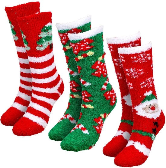 Calze di Natale 3 Pair - Calze Alta Caviglia - Felpa Coral Zoppa - Rosso/Verde - Stretch Elastico - Ideali per Feste - Calze Alta Caviglia