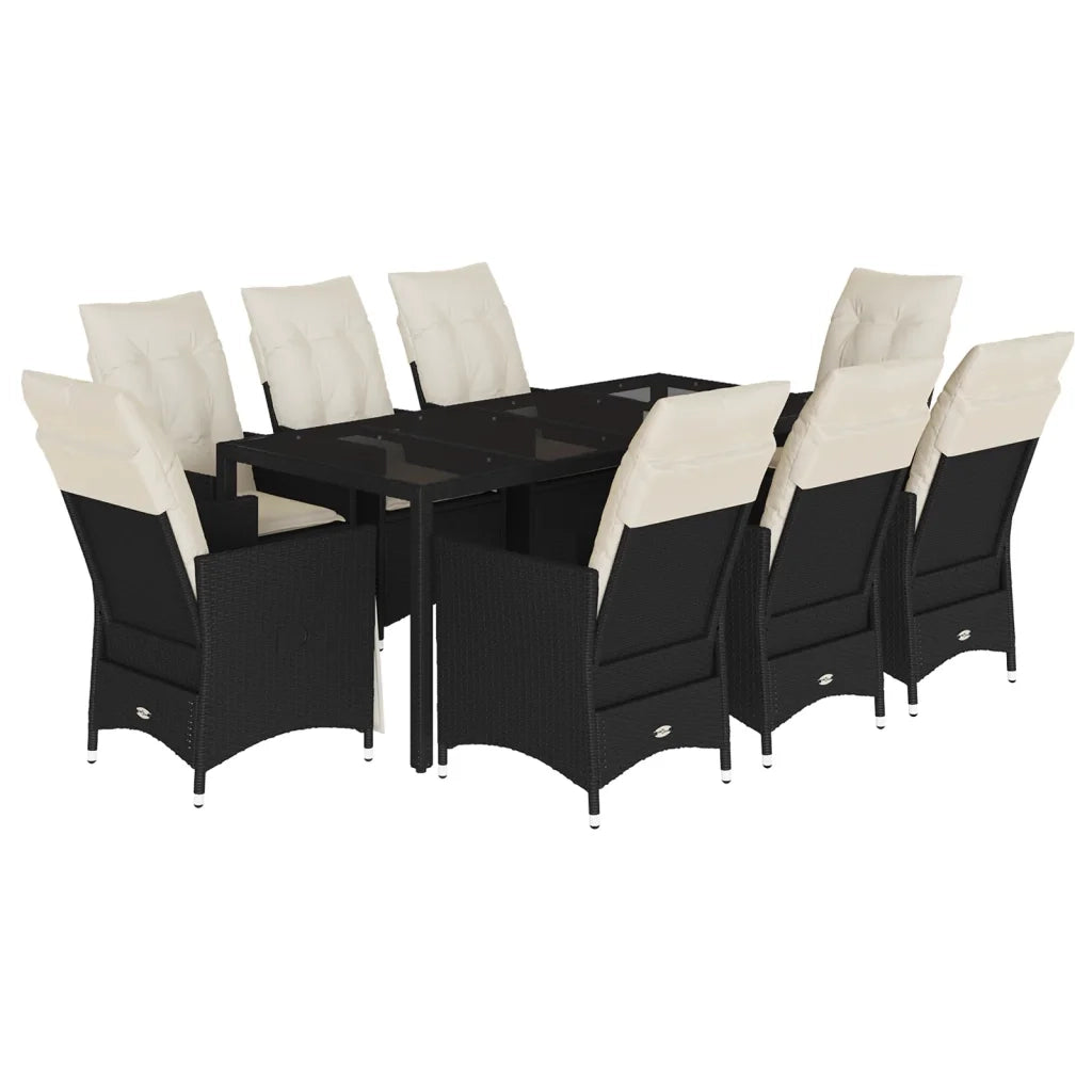 Set da Pranzo da Giardino 9 pz con Cuscini Nero in Polyrattan