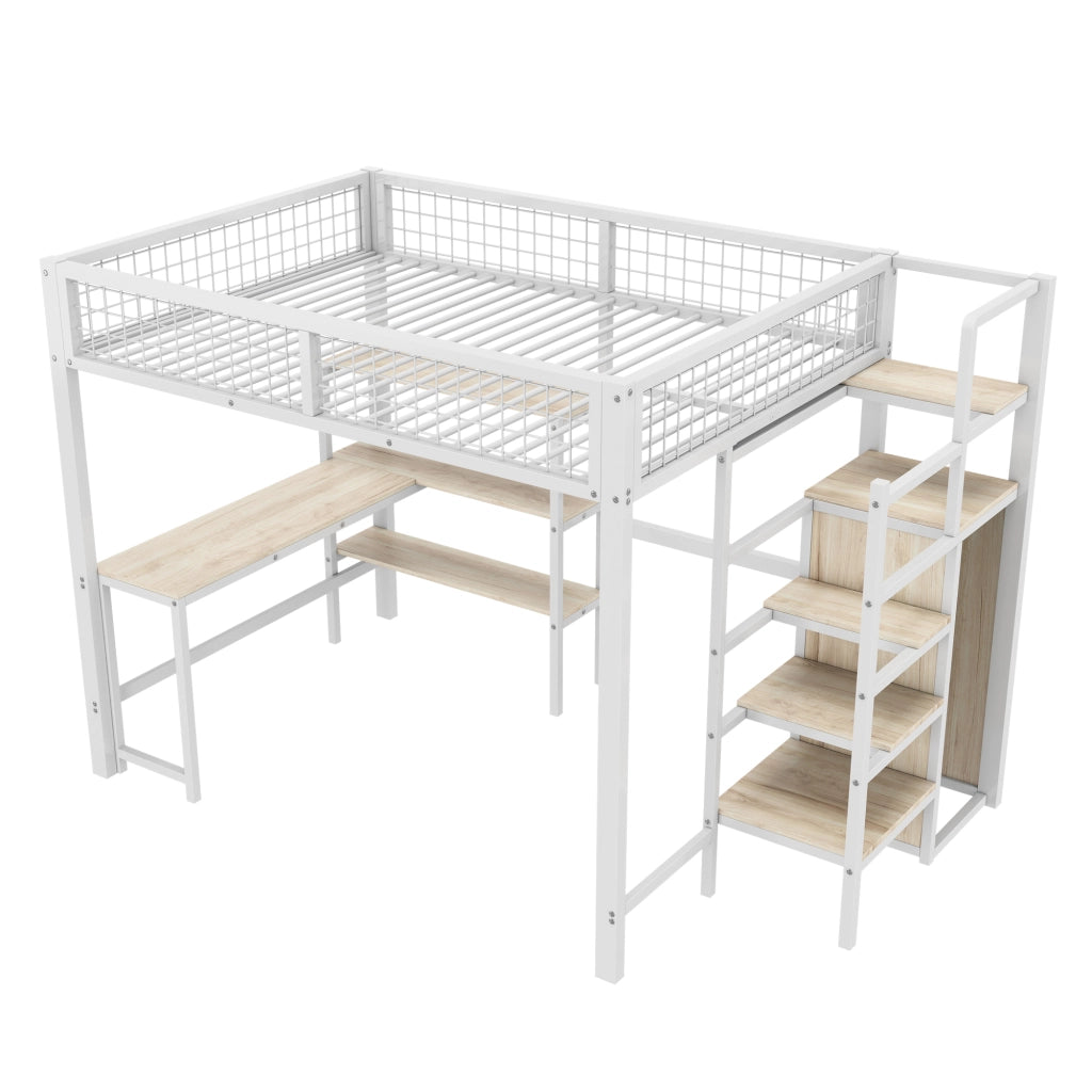Letto a soppalco 140x200 cm in metallo e MDF, con scrivania, ripiani e armadio, bianco