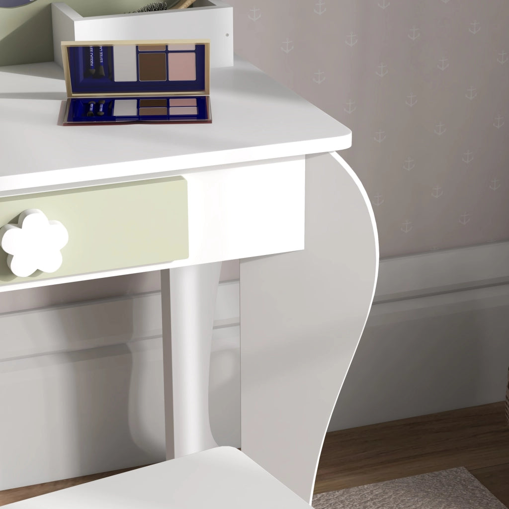 Toletta per Bambini con Specchio e Sgabello ¨C Xylo ¨C 2 Scatole 1 Cassetto 55x34x87,5cm Bianco Verde