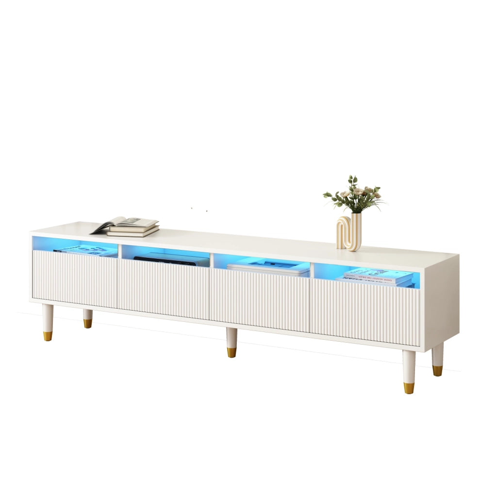 Mobile TV e Tavolino con LED ¨C MINIMAL ¨C Bianco con Design Oro, Ante in Acrilico, 4 Ante