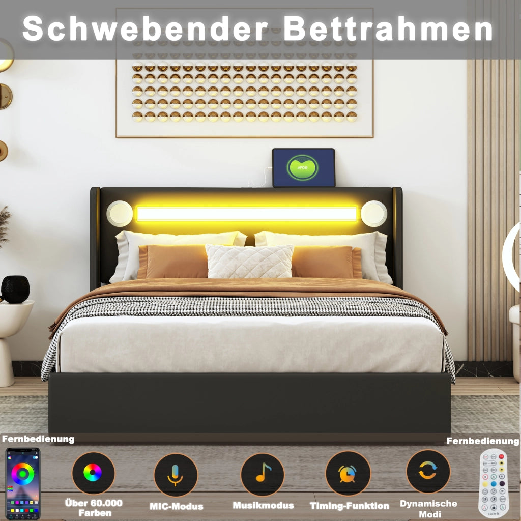LETTO MATRIMONIALE 160x200 cm in PU nero con LED, Bluetooth e 2 porte USB