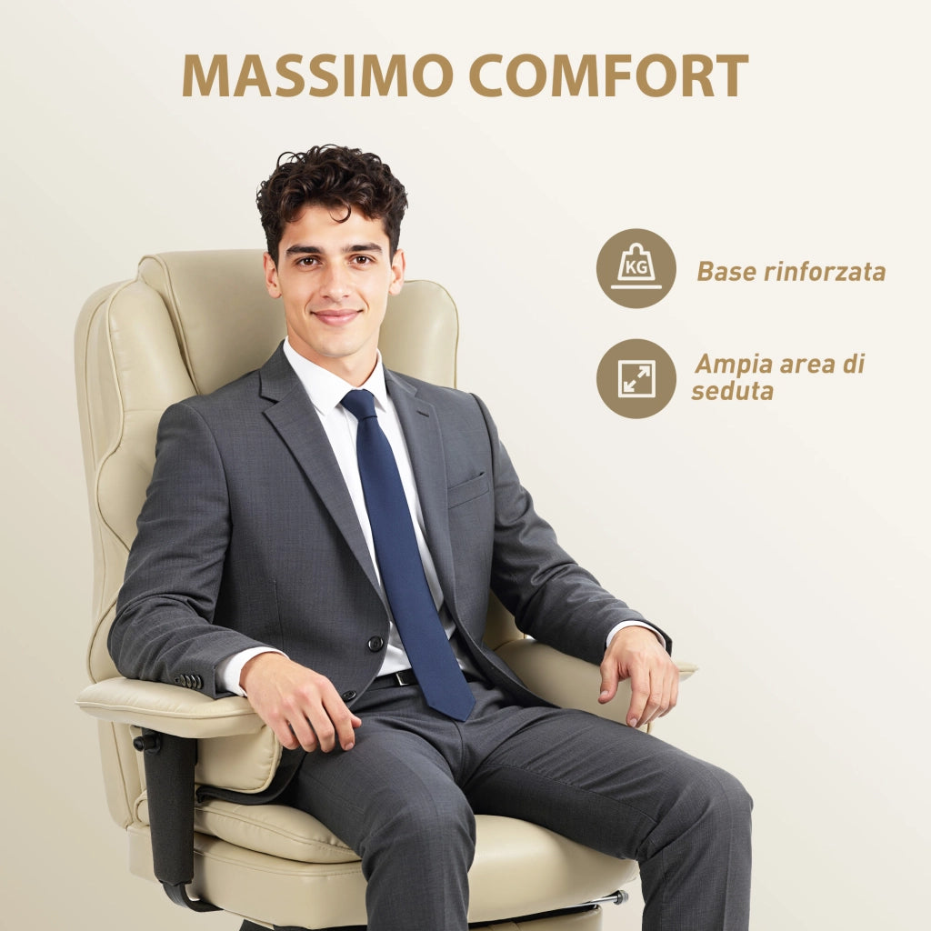 Sedia da Ufficio con Poggiapiedi e Poggiatesta 76x73x117-125 cm in Pelle PU Schiuma e Metallo Bianco Crema