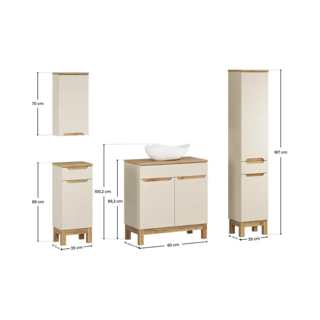 Set ERMANO cashmere e effetto quercia 150cm: mobile sottolavabo + lavabo da appoggio + mobili sospesi e da appoggio