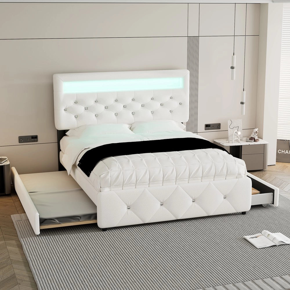 Letto Imbottito Contenitore con Cassetti e Comodino LED ¨C MINIMAL ¨C Bianco 140x200