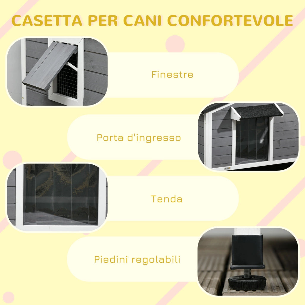 Cuccia per Cani in Legno Rialzata ¨C Xylo ¨C con Tenda e 2 Finestre, 109x79x72 cm