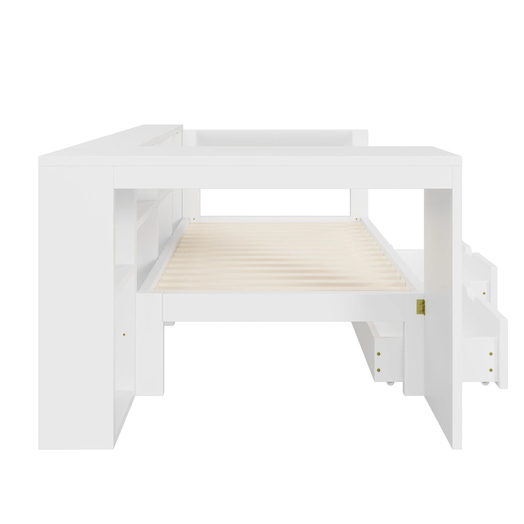 LETTO a piattaforma 90x200 cm bianco con testiera imbottita, ripiani, cassetti, USB e LED