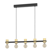 Lampadario A Sospensione Vintage Chieveley Acciaio Nero Legno 5 Luci E27