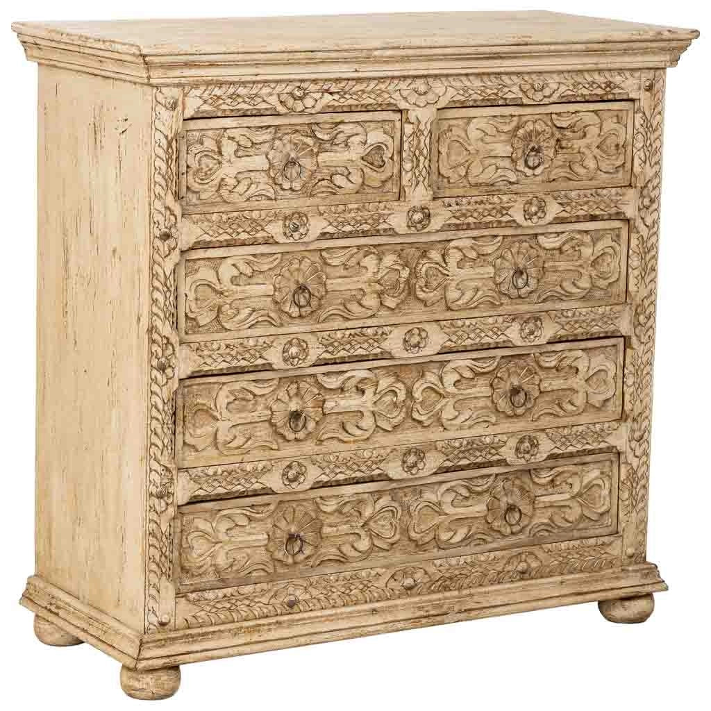 Cómoda de madera artesanal con 5 cajones blanca 100x43x95h cm