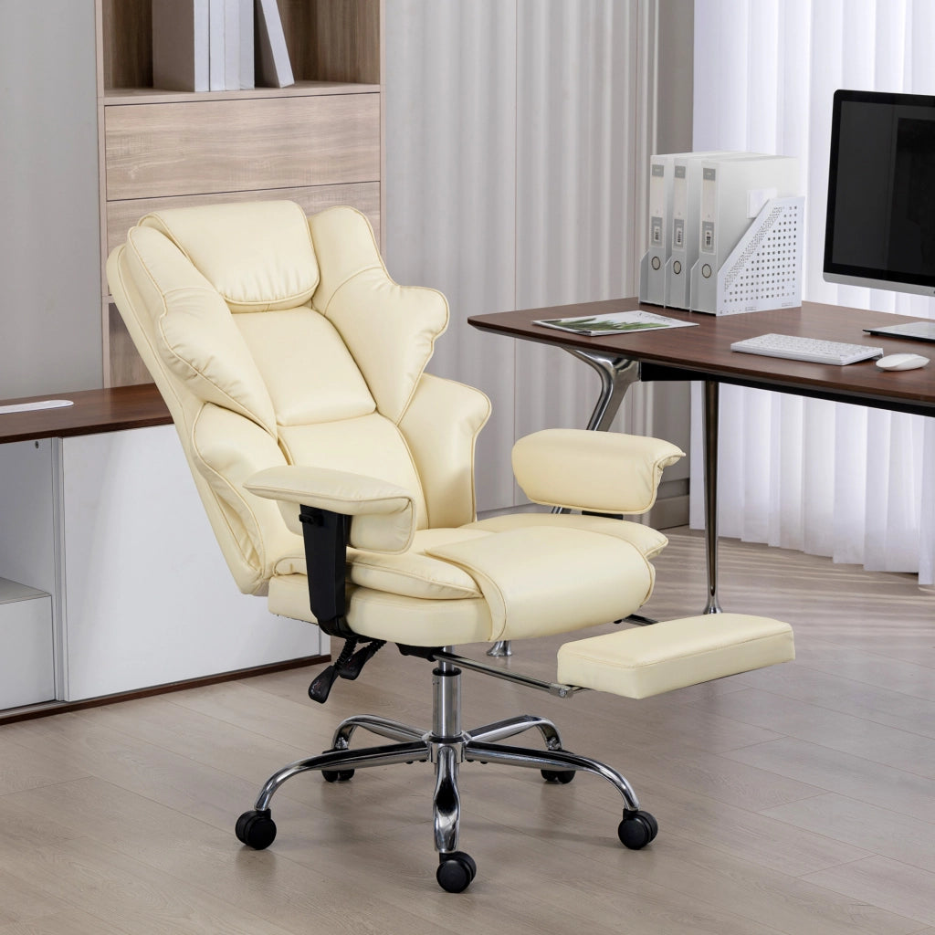 Sedia da Ufficio con Poggiapiedi e Poggiatesta 76x73x117-125 cm in Pelle PU Schiuma e Metallo Bianco Crema