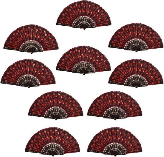 Ventilatore a soffitto pieghevole con pailletti vintage - 10 pezzi, manico in bambù - rosso.