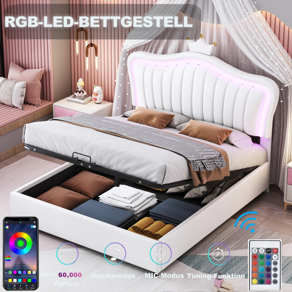LETTO IMBOTTITO 140x200 cm Bianco con LED e contenitore idraulico