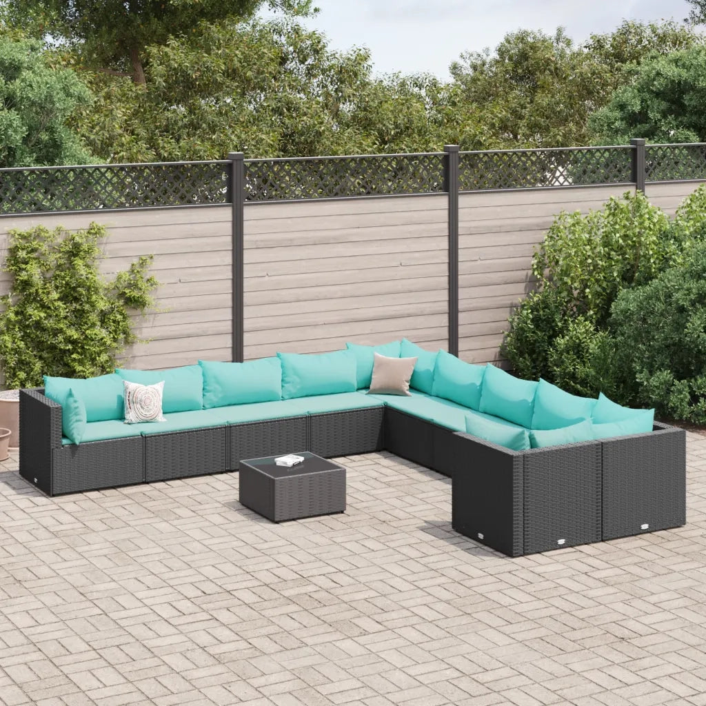 Set Divani da Giardino 11 pz con Cuscini in Polyrattan Nero