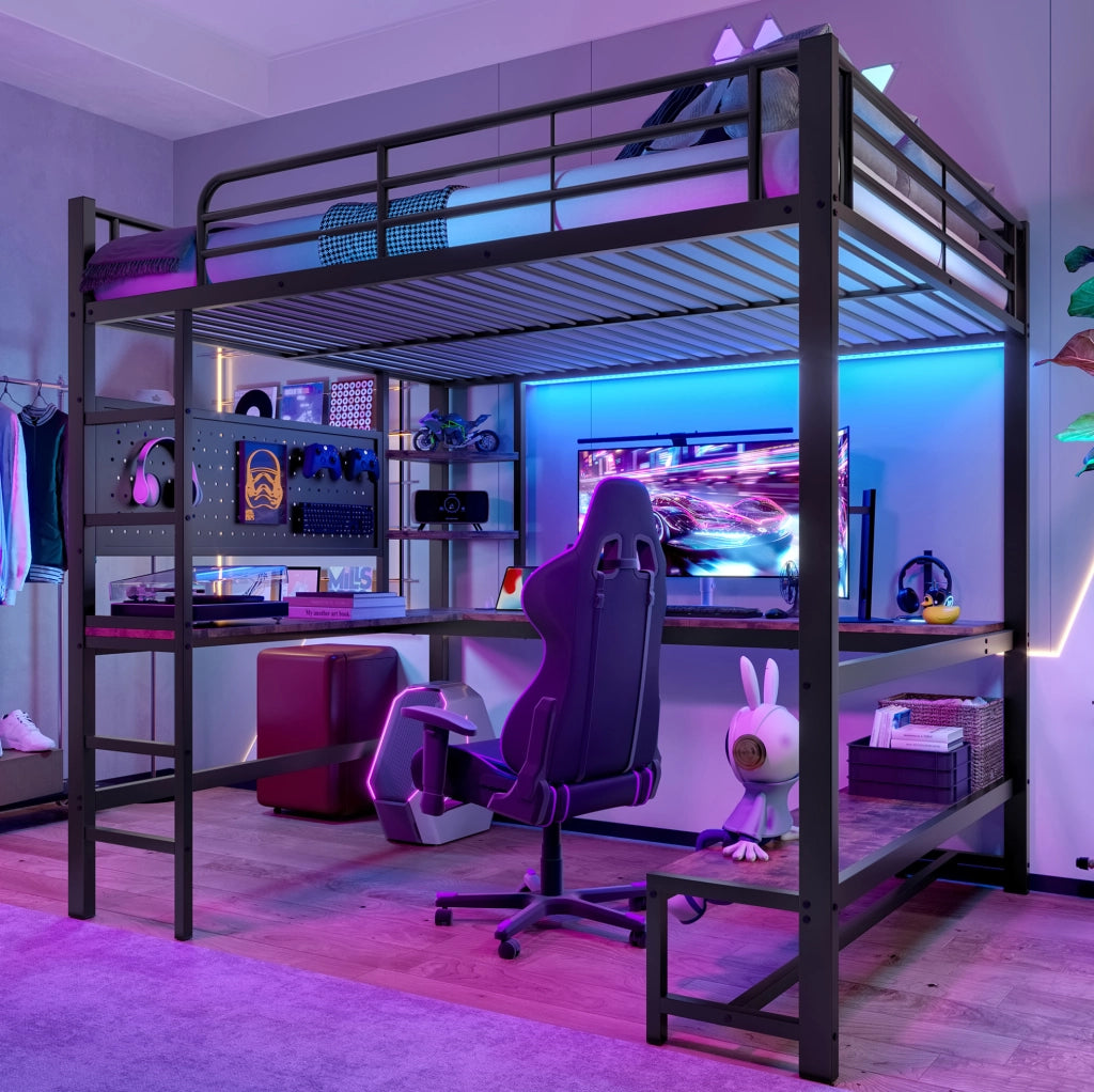 Letto a soppalco 140x200 cm in metallo con scrivania; LED; USB Type-C e ripiani; nero