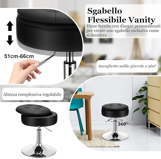 Sgabello Girevole Altezza Regolabile con Portaoggetti, Poggiapiedi Sgabelli da Trucco, Tavolino da Caffè, Sgabello da Lavoro Rotondo in Finta Pelle per Bar, Ufficio, Soggiorno, Camera (Nero)