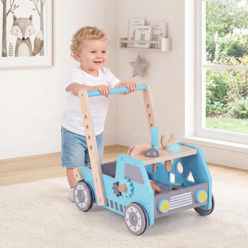 2-in-1 Primi Passi per Bambini con Altezza Regolabile, Girello in Legno con Banco da Lavoro, Carrello da Spinta con Giocattoli Montessori, Velocità Regolabile, Spazio di Archiviazione (Blu)