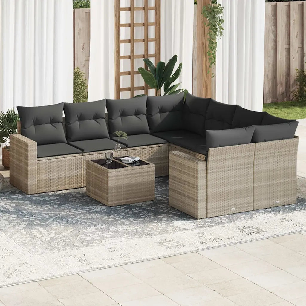 Set Divano da Giardino 9pz con Cuscini Grigio Chiaro Polyrattan