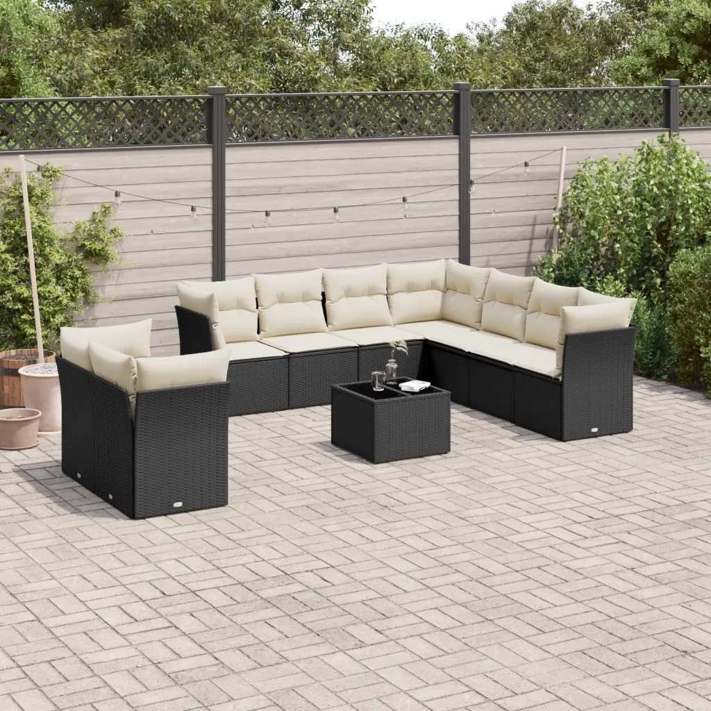 Set Divani da Giardino 10pz con Cuscini in Polyrattan Nero