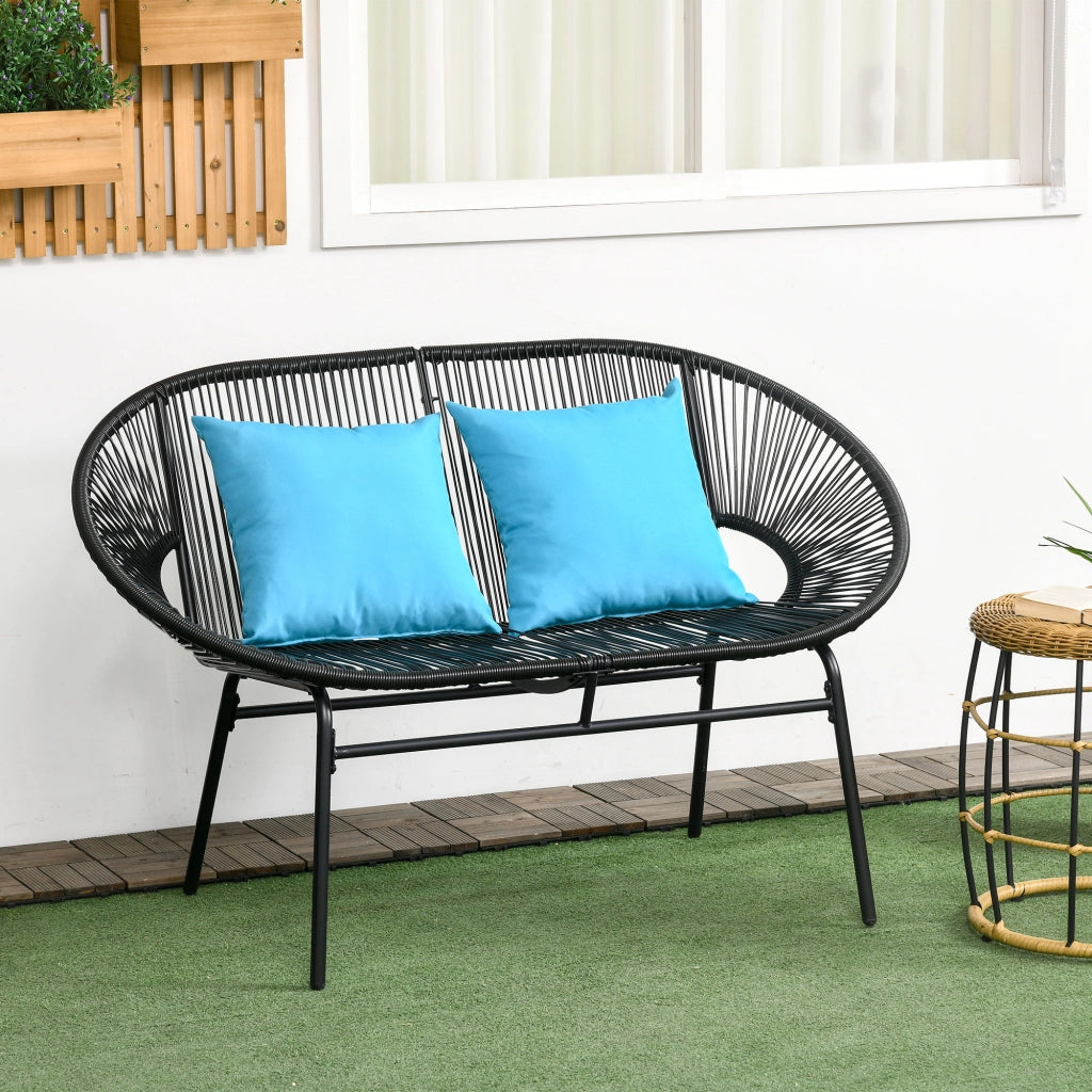 Divano da Giardino 2 Posti in Rattan PE e Acciaio con Cuscini e Braccioli, 132x72x83 cm, Nero