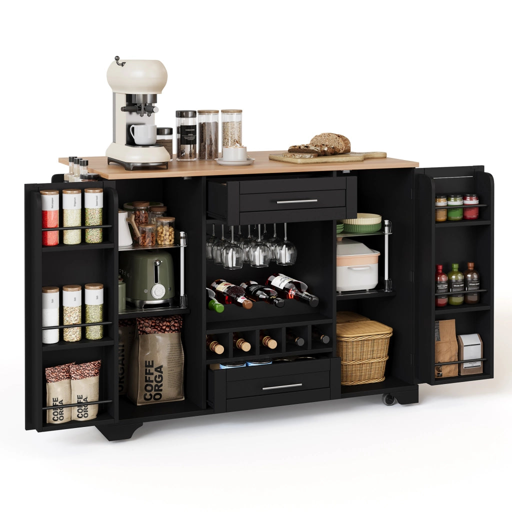 Carrello da cucina multifunzionale - Zephmum- 120x45/70x92cm- Nero- Con ripiano pieghevole, porta bicchieri, porta spezie e porta asciugamani