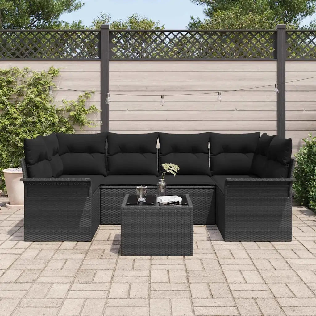 Set Divano da Giardino 7 pcs Nero Poly Rattan