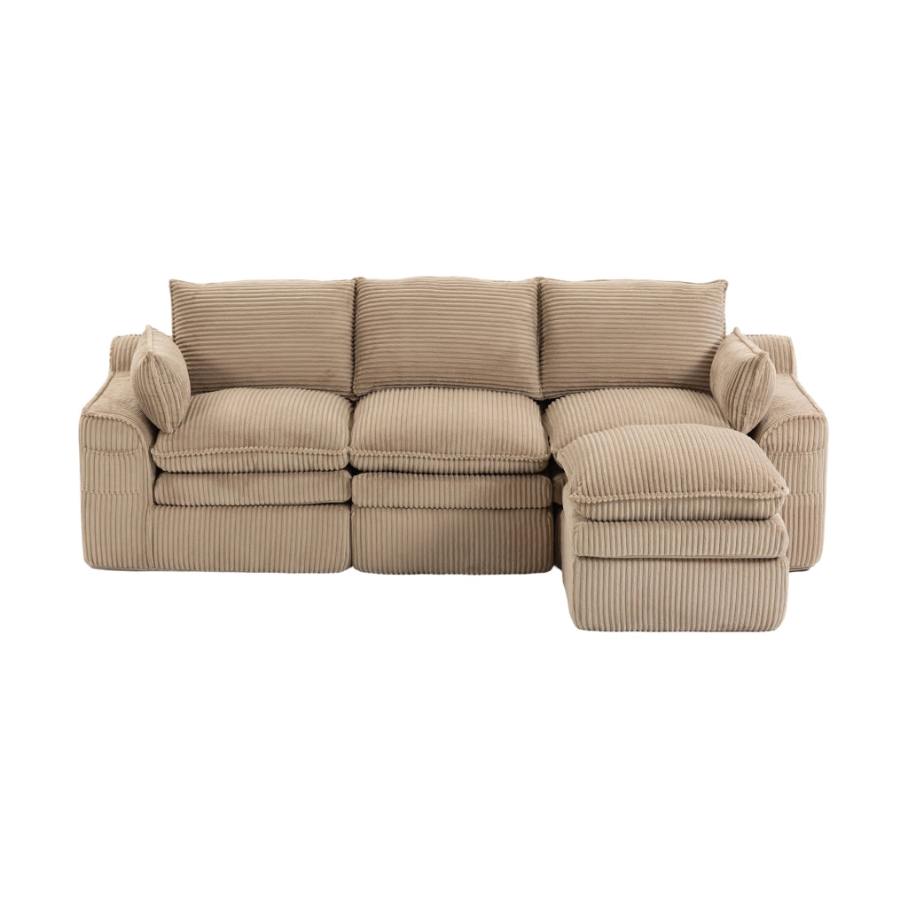 Divano modulare 3 posti in tessuto corduroy khaki con pouf, tasche laterali e cuscini