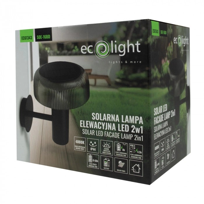 Applique solare LED 2,5W 4000K USB-C sensore nero Ecolight