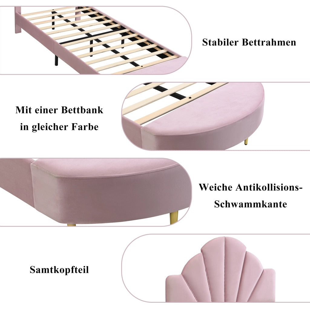 LETTO imbottito 90x200 cm in velluto rosa con panca coordinata