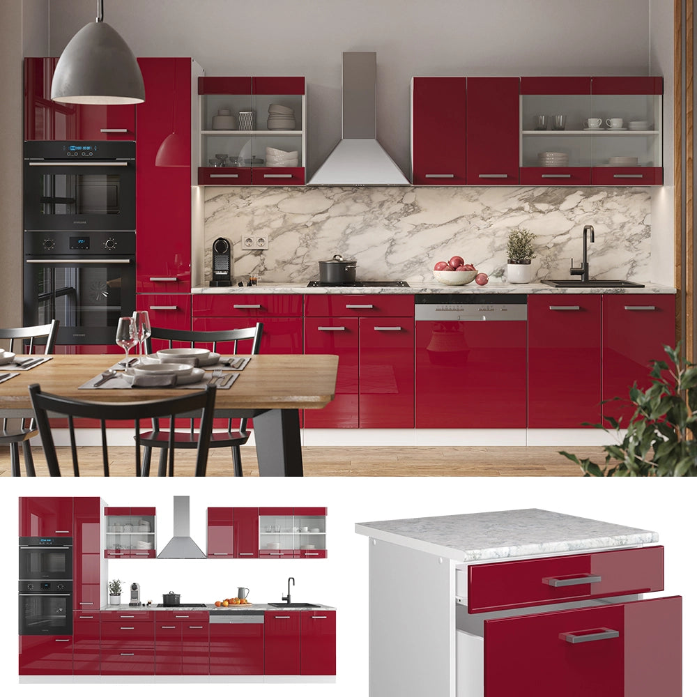 Vicco Mobile da cucina Rosso lucido/bianco 350 cm con armadio alto, PL Antracite