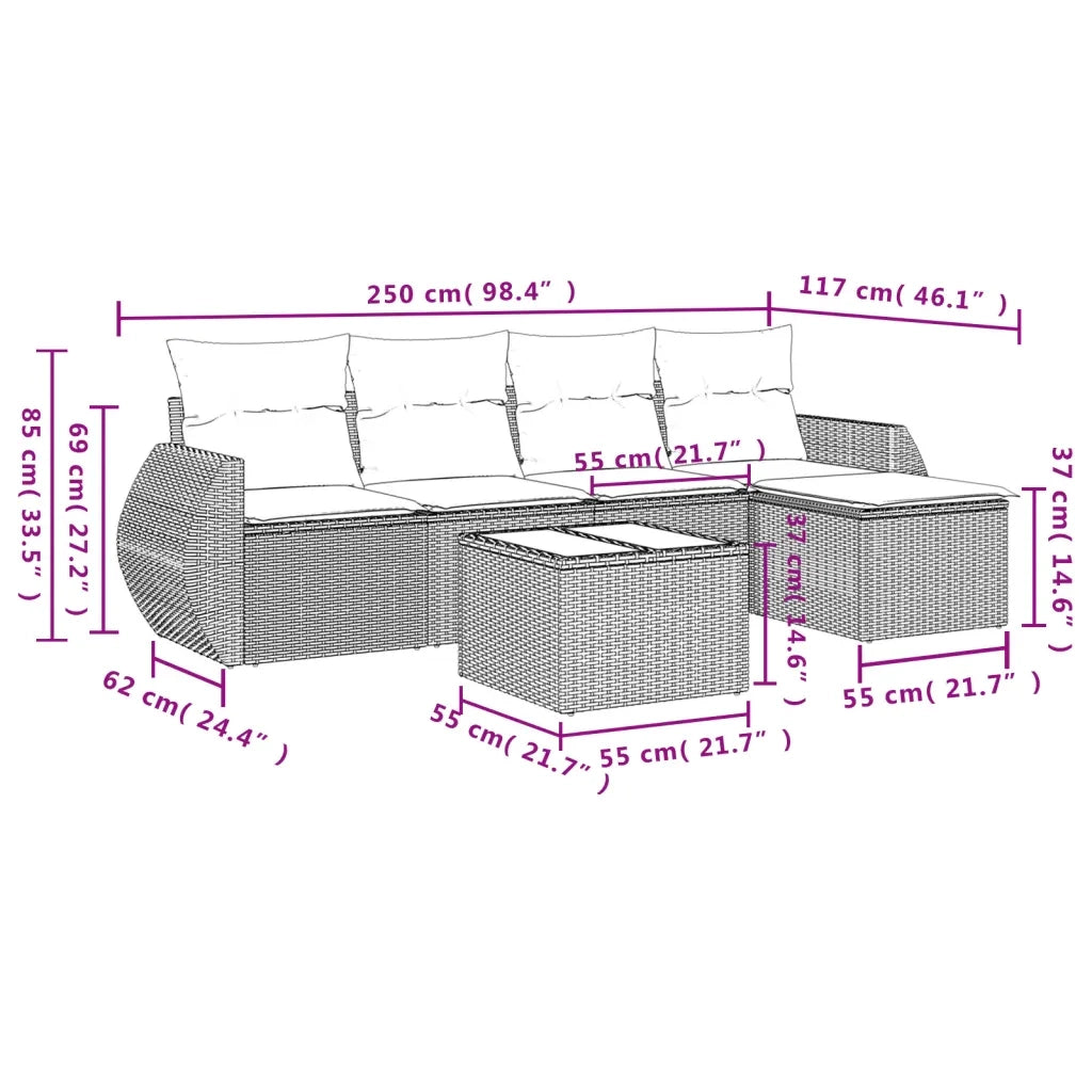 Set Divano da Giardino 6 pz con Cuscini Beige in Polyrattan