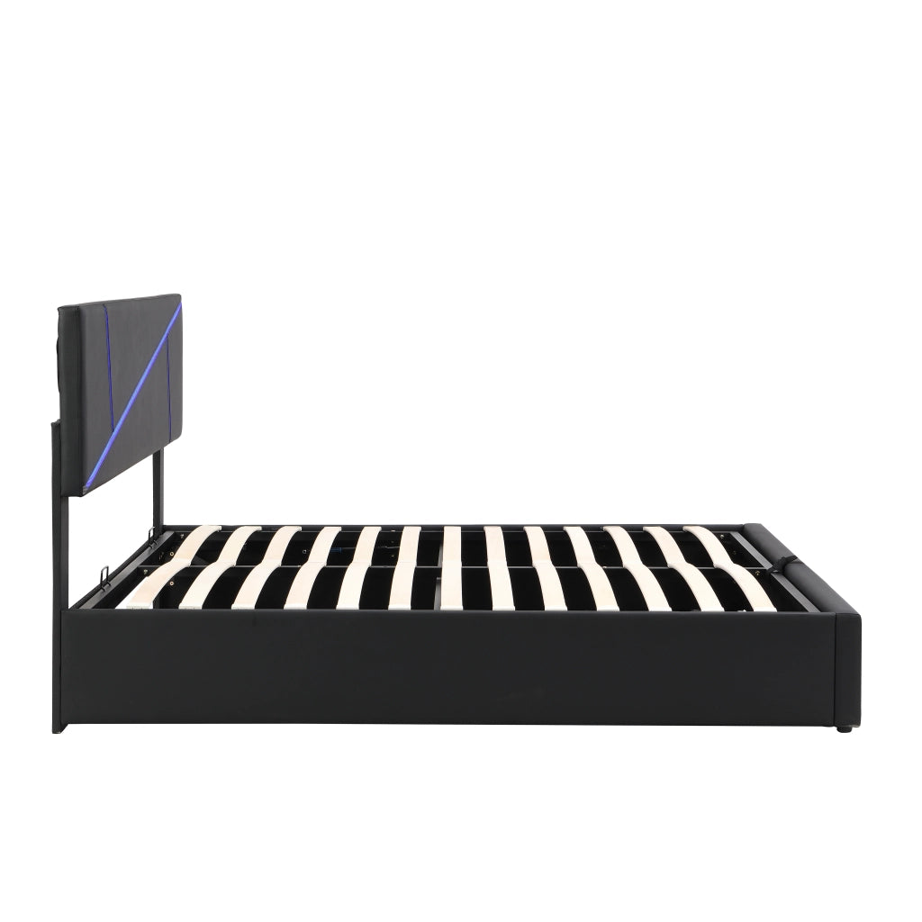 Comfort Double Bed 140x200cm con strisce LED luminose; base idraulica in sintetica pelle nera