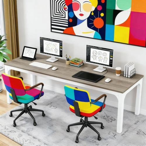 SCRIVANIA Computer per 2 Persone 200x70x75 cm Metallo e Legno Taupe/Bianco