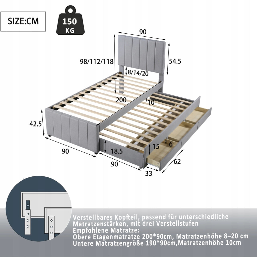 Letto imbottito 90x200 con cassetti - Xylo - Grigio