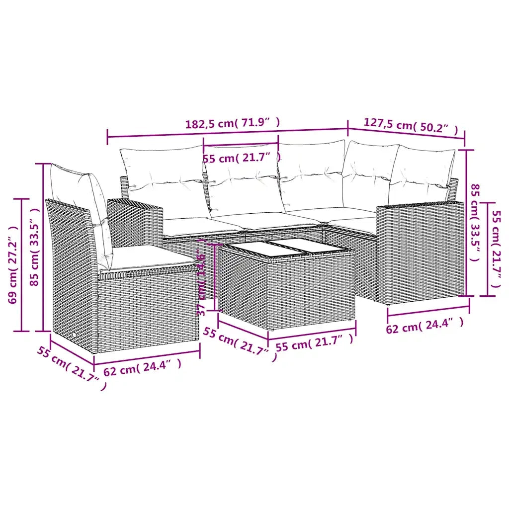Set Divano da Giardino 6 pz con Cuscini Beige in Polyrattan