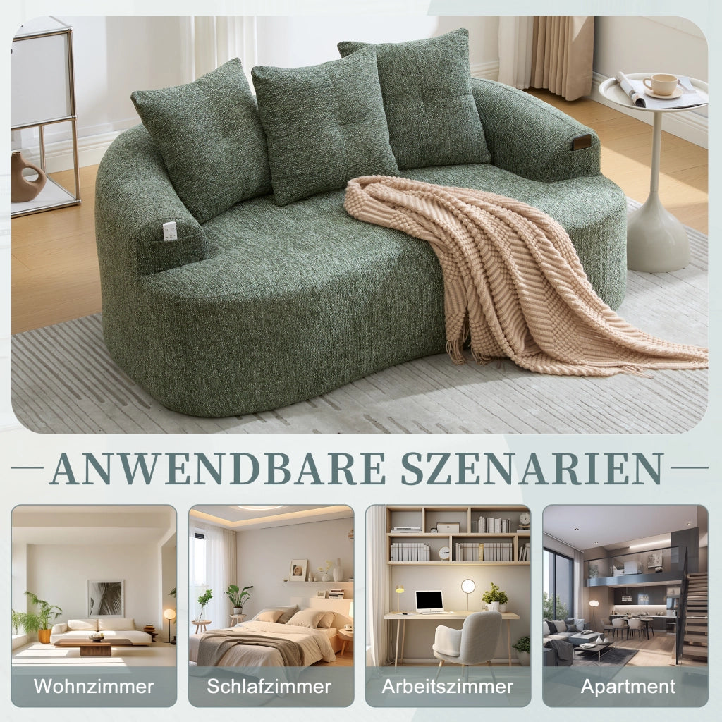 Divano lineare 2 posti con seduta profonda e 3 cuscini in chenille verde 164 × 92 × 60 cm