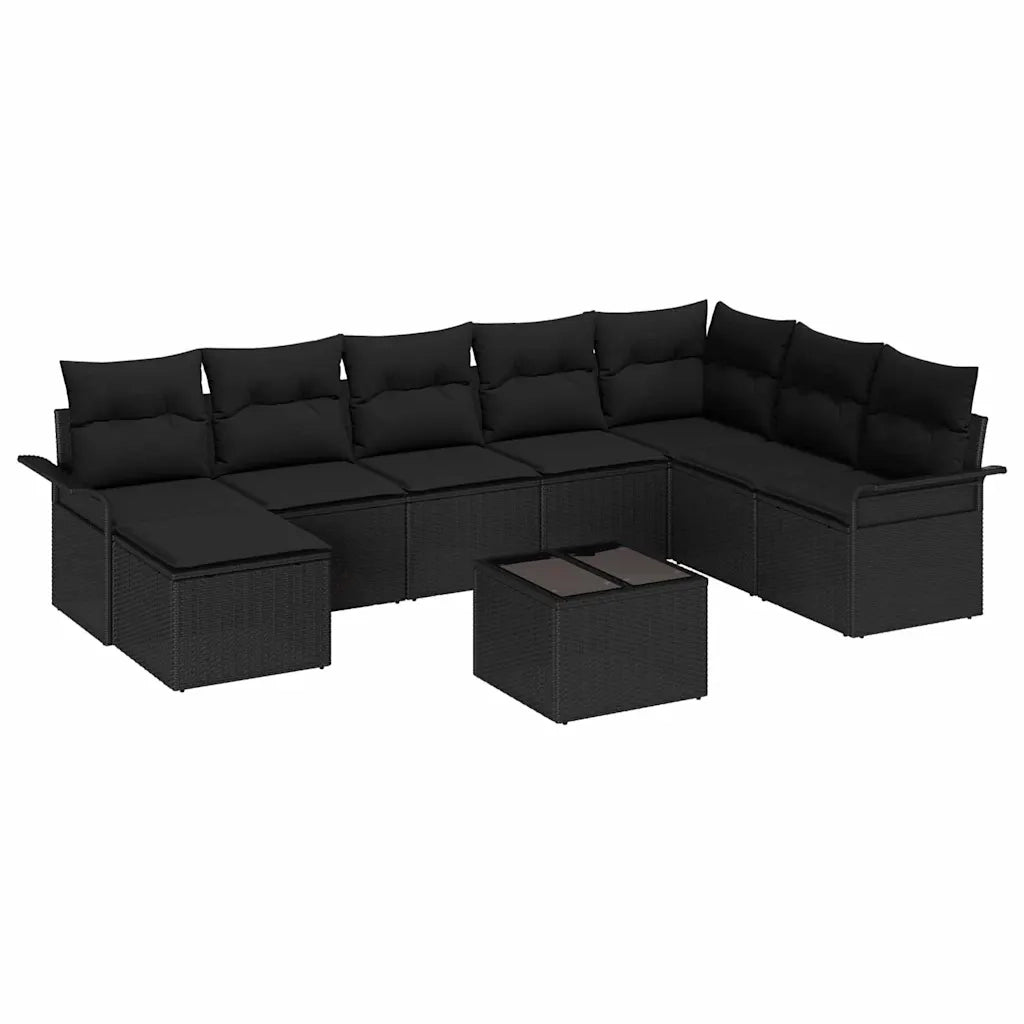 Set Divano da Giardino con cuscino 9 pcs Nero polyrattan